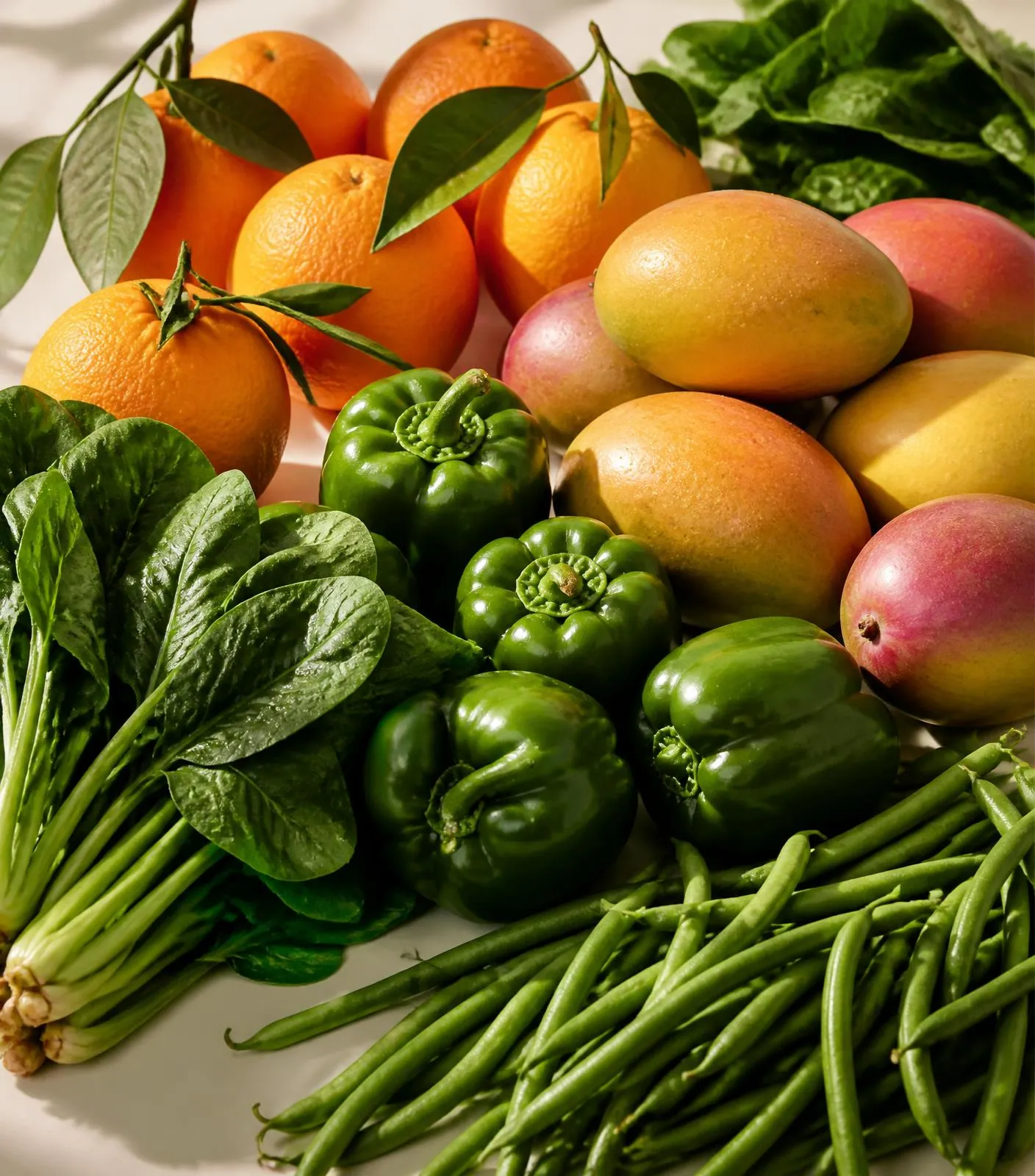 Freshly harvested Egyptian oranges, mangoes, peppers, spinach and green beans